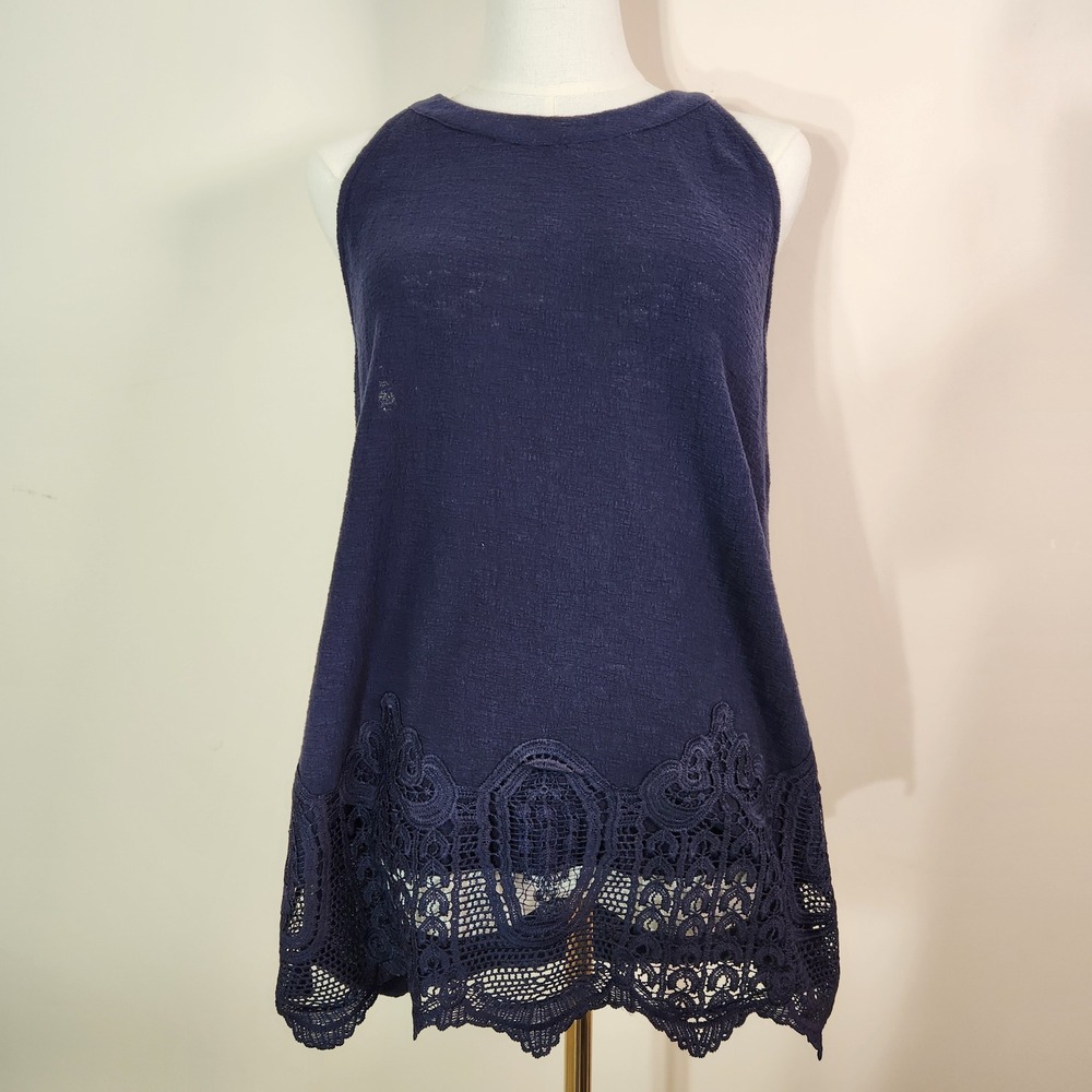 Adrianna Papell Navy Blue Cotton Gauze Crochet Halter Top Blouse L AD1S300744